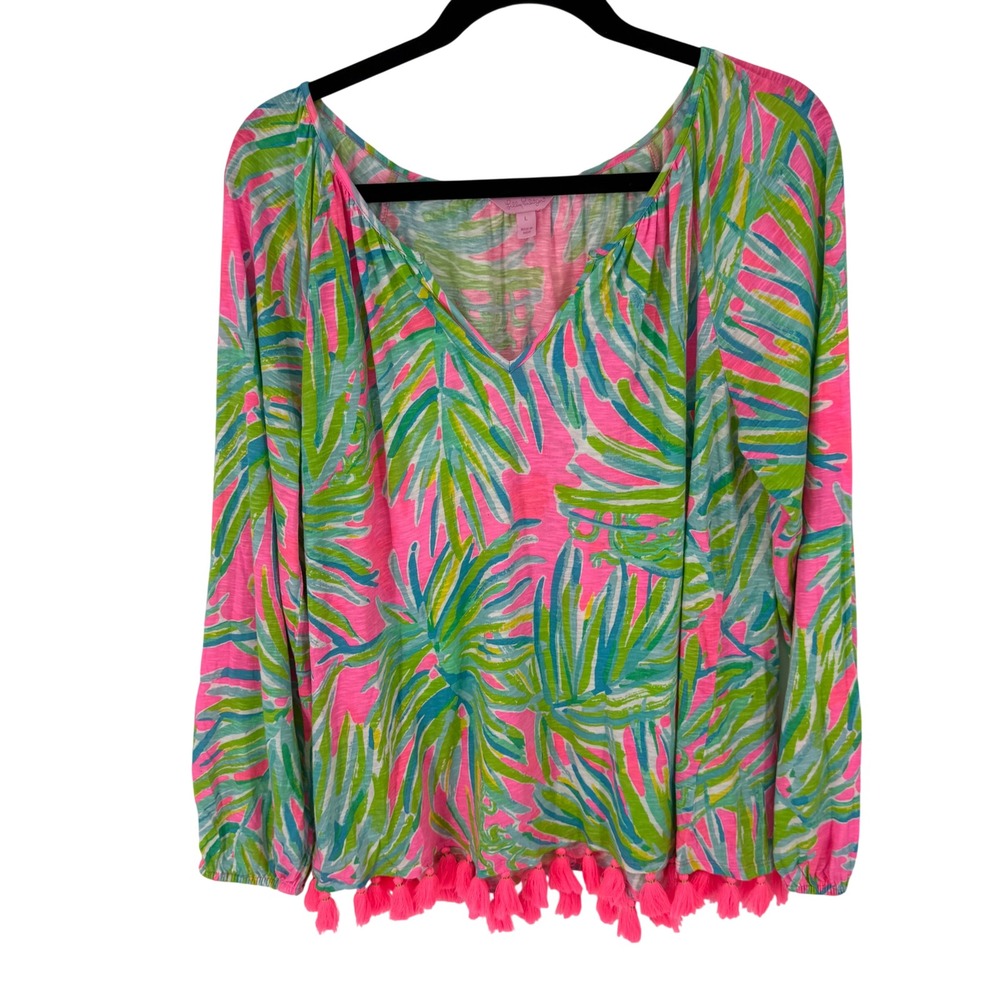 Lilly Pulitzer Linzy Top Tiki Pink Lime Womens Large Tassel Trim V-Neck 25917